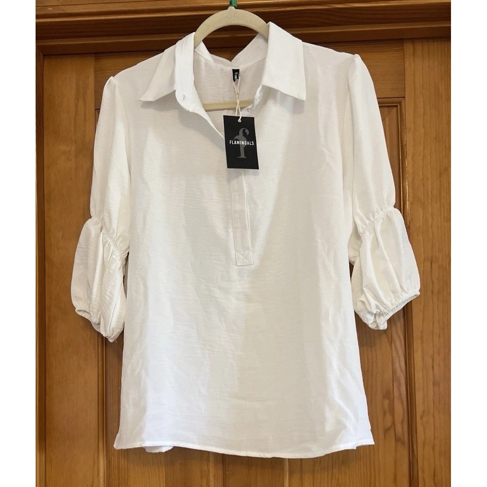 Flamingals Women's White Button Up Long Sleeve Collared Blouse Sz XL